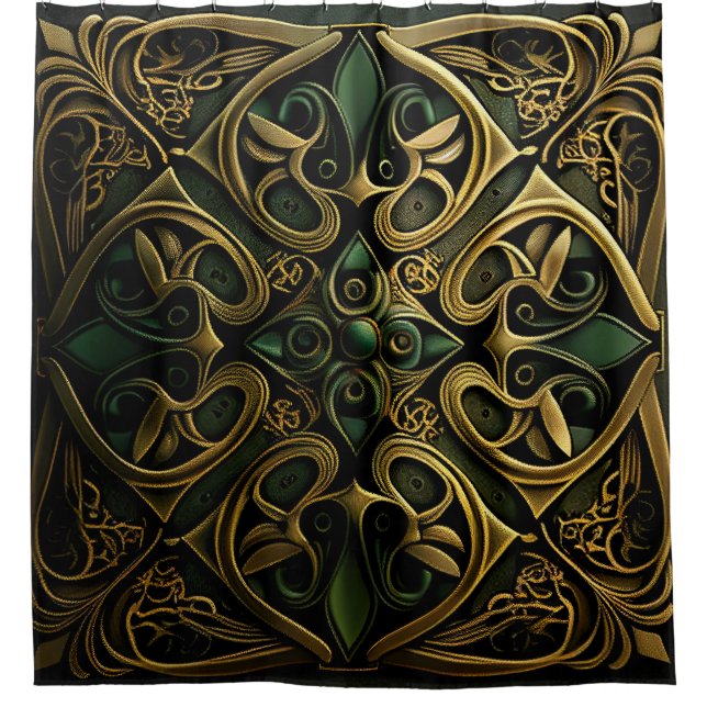 Green Bronze Ornamental Plaid Decoration Pattern Shower Curtain (Front)