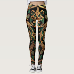 Green Bronze Ornamental Plaid Pattern Decoration Leggings