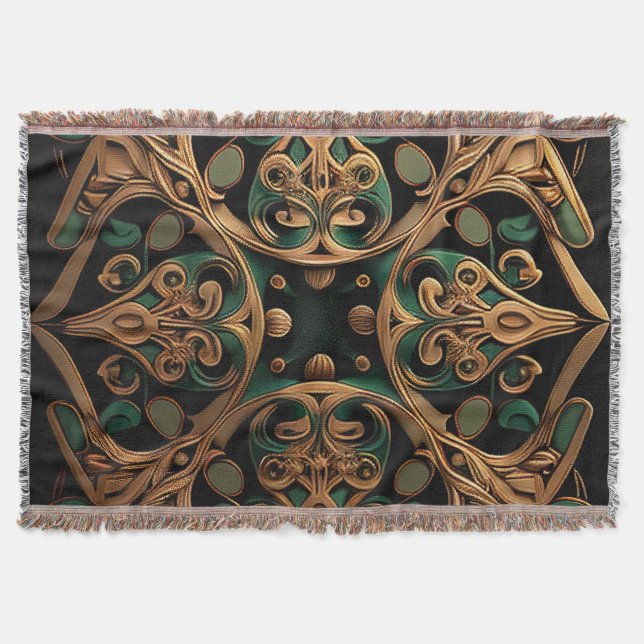 Green Bronze Ornamental Plaid Pattern Decoration Throw Blanket (Front)