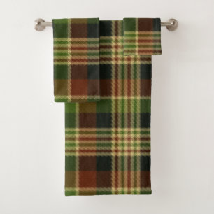 Green Brown and Beige Plaid Bath Towel Set