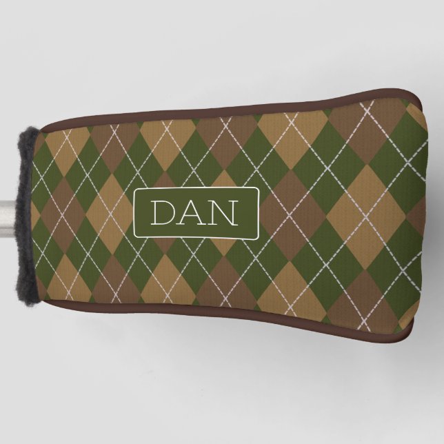 Green & Brown Argyle Camo Pattern with initials Golf Head Cover (Front)