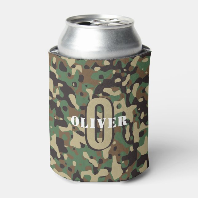 Green Brown Beige Camo Camouflage Monogram Name Can Cooler (Can Front)