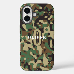 Green Brown Beige Camo Camouflage Monogram Name iPhone 16 Case