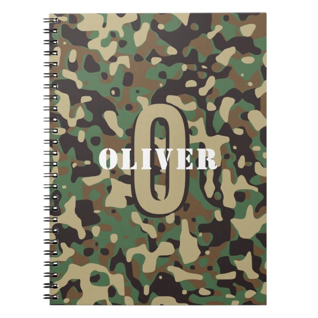 Green Brown Beige Camo Camouflage Monogram Name Notebook (Front)
