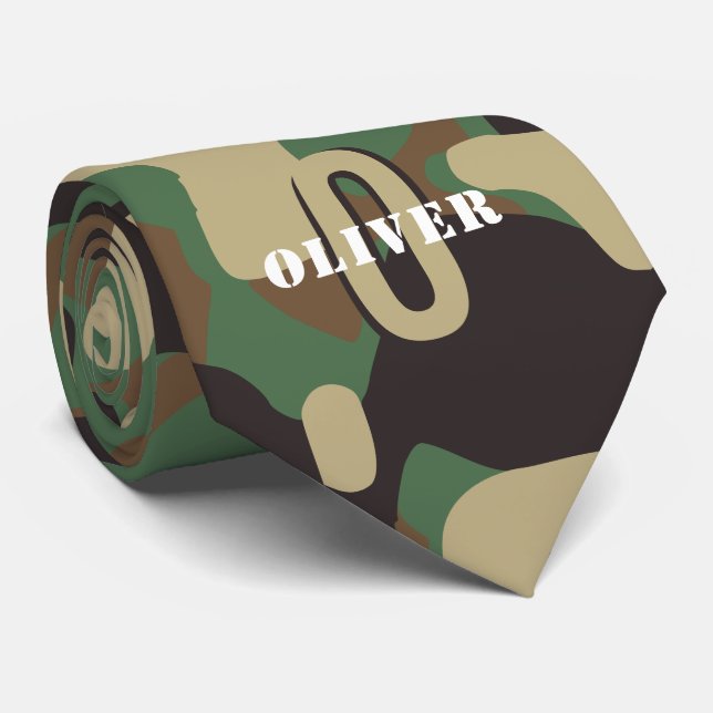Green Brown Beige Camo Camouflage Monogram Name Tie (Rolled)