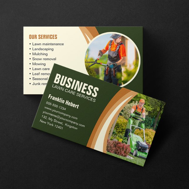 Green Brown Biege Lawn Care Landscaping Mowing Business Card (Creator Uploaded)