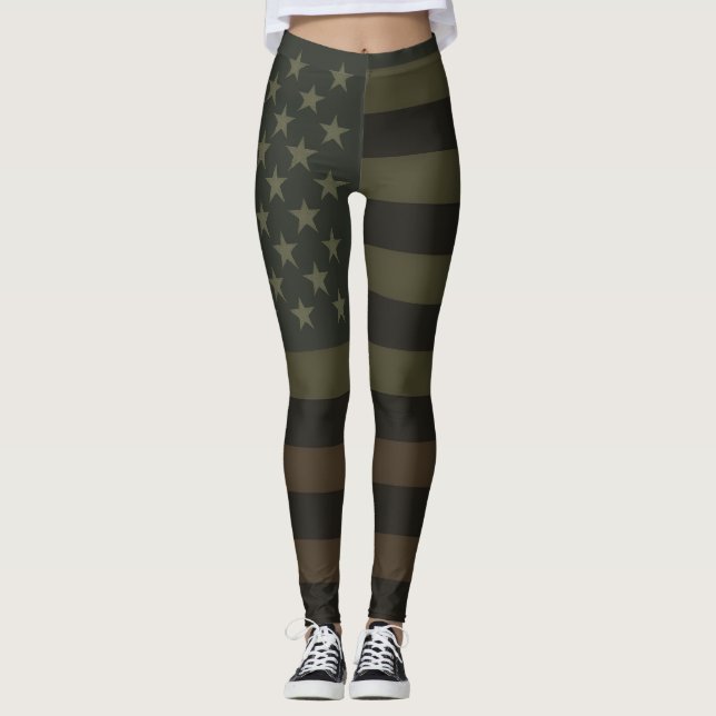 Green, Brown, & Black American Flag Earth Tones  Leggings (Front)