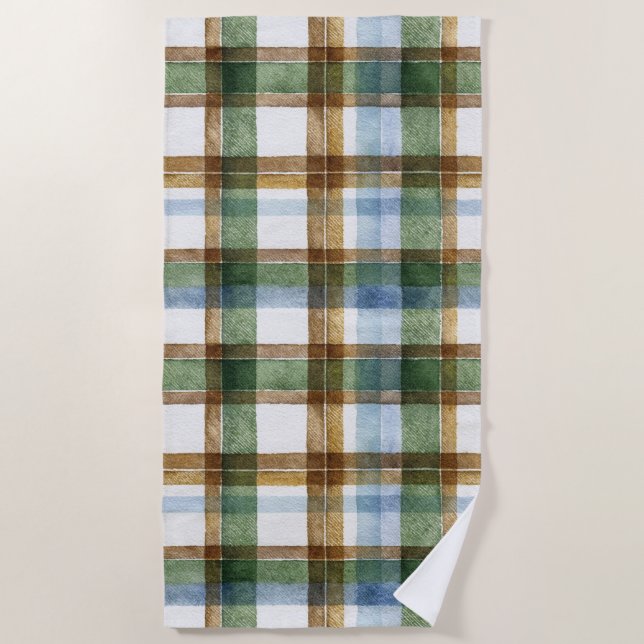 Green Brown Blue Plaid Stripes Beach Towel (Front)