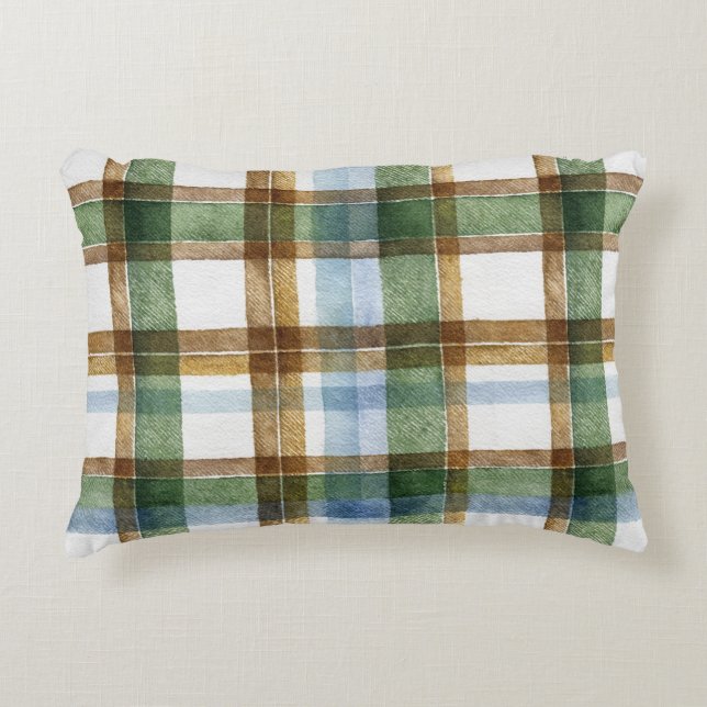 Green Brown Blue Plaid Stripes Decorative Cushion (Front)