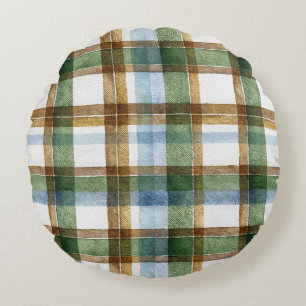 Green Brown Blue Plaid Stripes Round Cushion