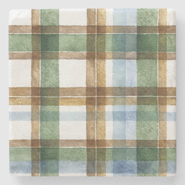 Green Brown Blue Plaid Stripes Stone Coaster (Front)