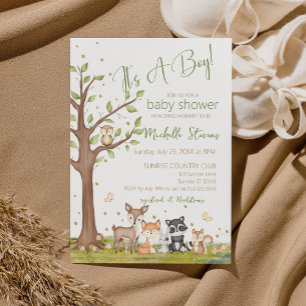 Green Brown Boy Watercolor Woodland Animals  Invitation