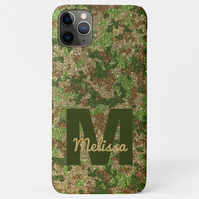 Green Brown Camouflage Glitter Camo Monogram Name Case-Mate iPhone Case (Back)