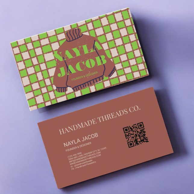 Green Brown Chequerboard Pattern QR Code Handmade Business Card (Creator Uploaded)