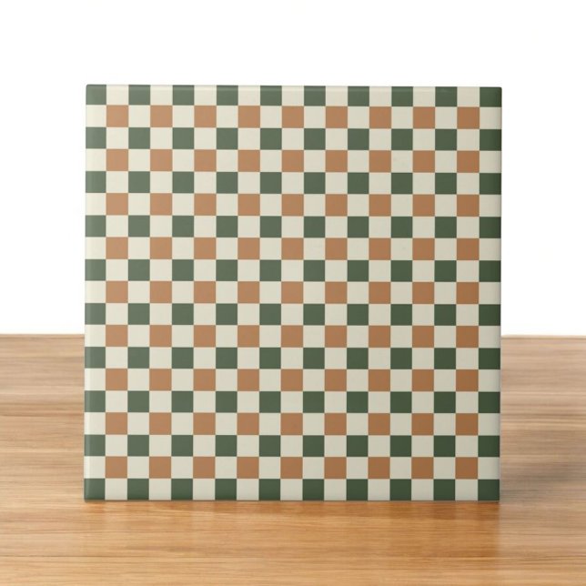 Green & Brown Chequered Pattern Retro Minimalist Ceramic Tile (Creator Uploaded)
