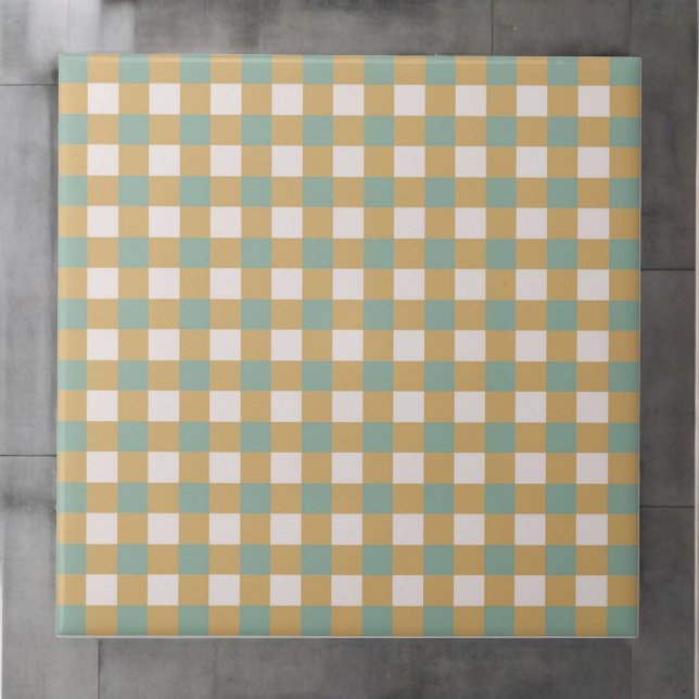 Green & Brown Chequered Pattern Retro Minimalist Ceramic Tile (Creator Uploaded)