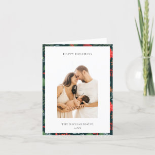 Green Brown Christmas Floral Pattern Photo Happy Holiday Card