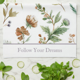 Green Brown Cream Purple Flowers Tea Towel