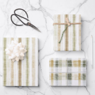 Green Brown Cream Stripes Birthday Wrapping Paper Sheet