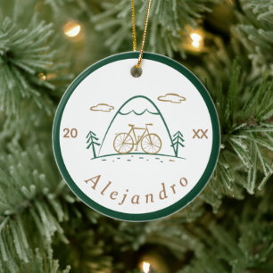 Green & Brown Cute Bicycle Design Cycling Theme Ceramic Ornament