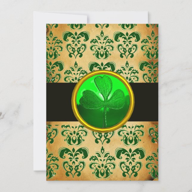 GREEN BROWN DAMASK  PARCHMENT WITH SHAMROCK  Black Invitation (Front)