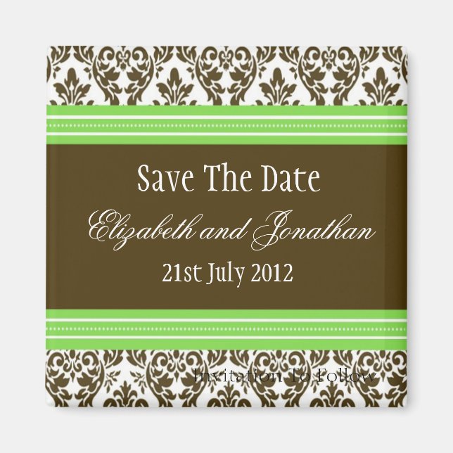 Green Brown Damask Wedding Save The Date Magnet (Front)