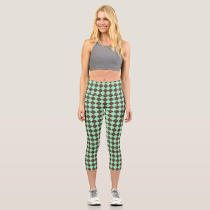 Green Brown Diamond Chequered Pattern Capri Leggings