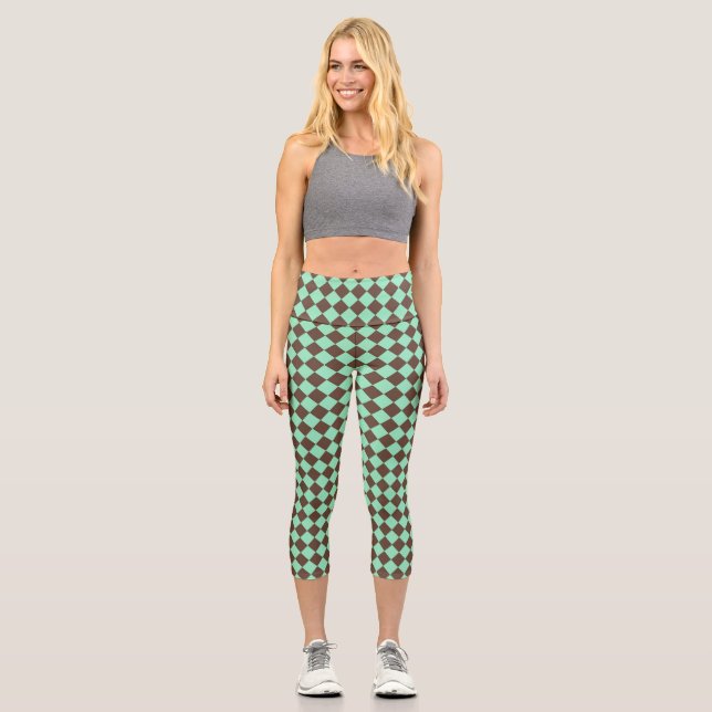 Green Brown Diamond Chequered Pattern Capri Leggings (Front)