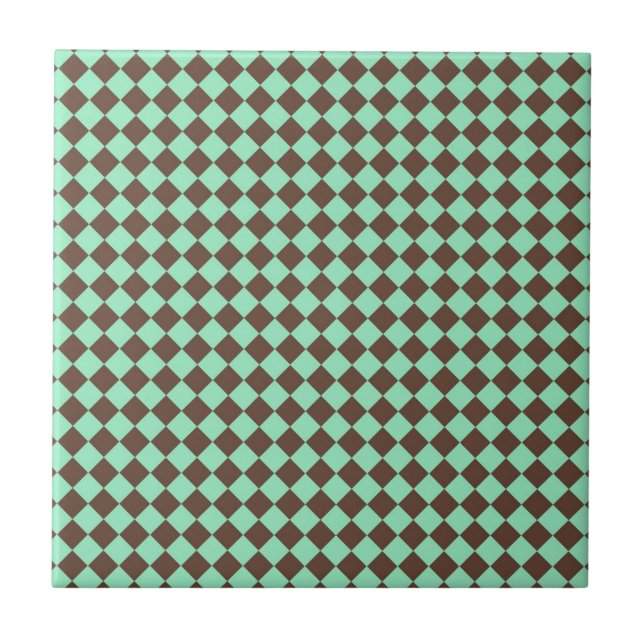 Green Brown Diamond Chequered Pattern Ceramic Tile (Front)