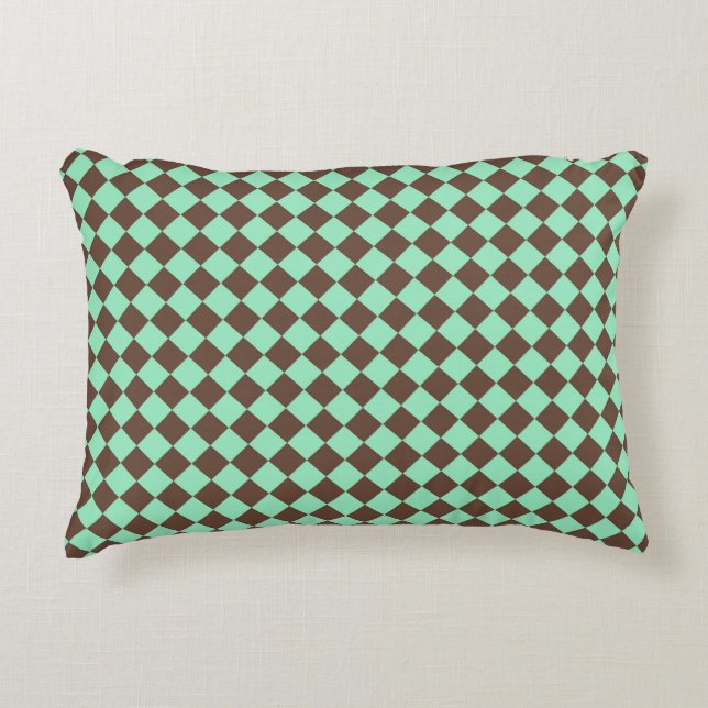 Green Brown Diamond Chequered Pattern Decorative Cushion (Front)