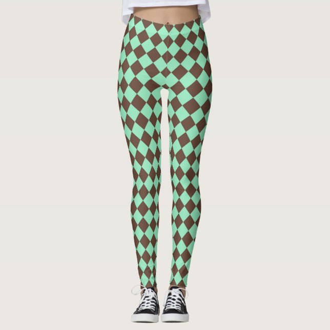 Green Brown Diamond Chequered Pattern Leggings (Front)