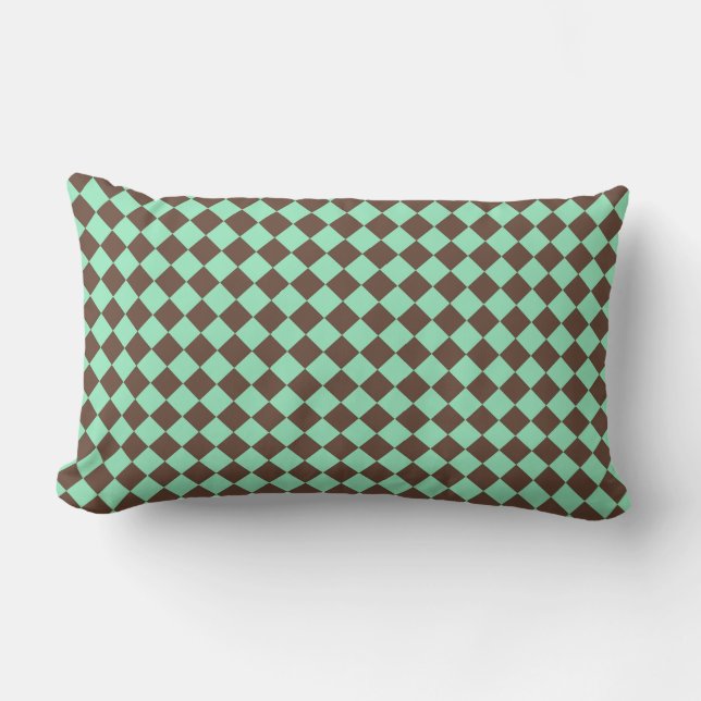 Green Brown Diamond Chequered Pattern Lumbar Cushion (Front)