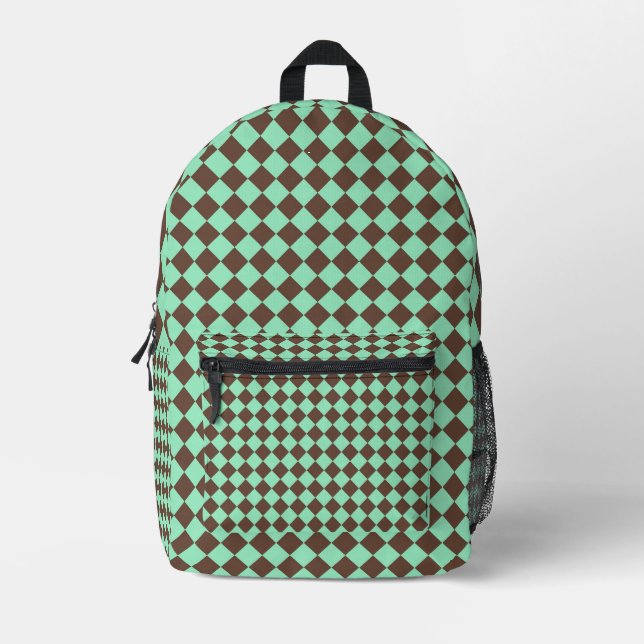 Green Brown Diamond Chequered Pattern Printed Backpack (Front)