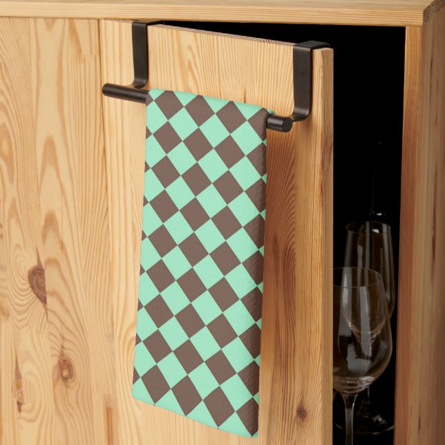 Green Brown Diamond Chequered Pattern Tea Towel (Thirds Fold)