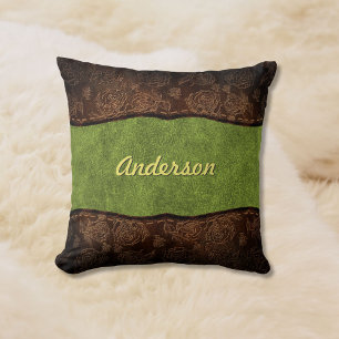 Green+Brown Embossed Rose Custom Faux Leather Cushion