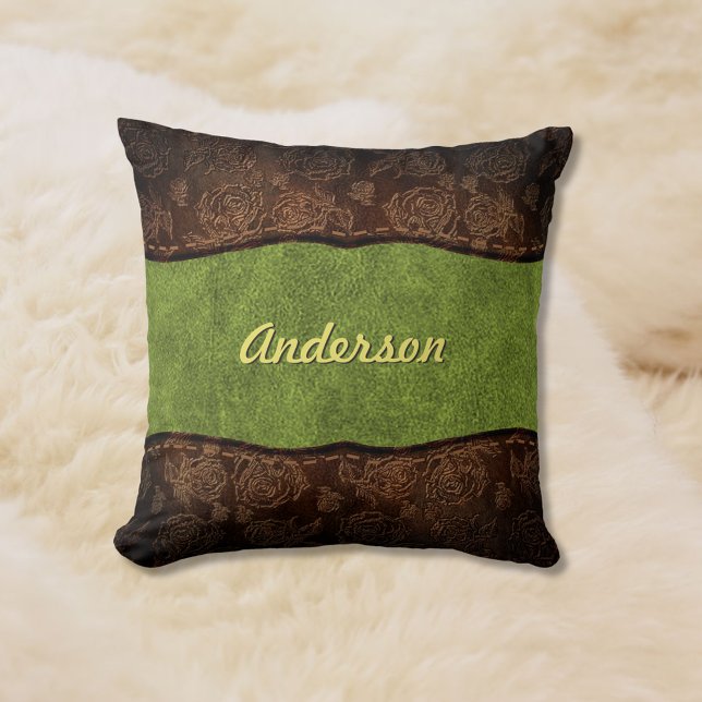 Green+Brown Embossed Rose Custom Faux Leather Cushion (Creator Uploaded)