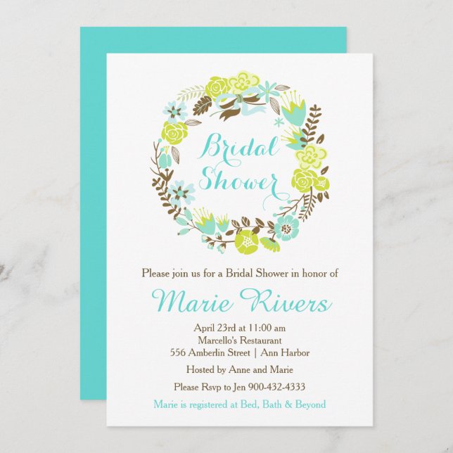 Green & Brown Floral Wreath Bridal Shower Invitation (Front/Back)