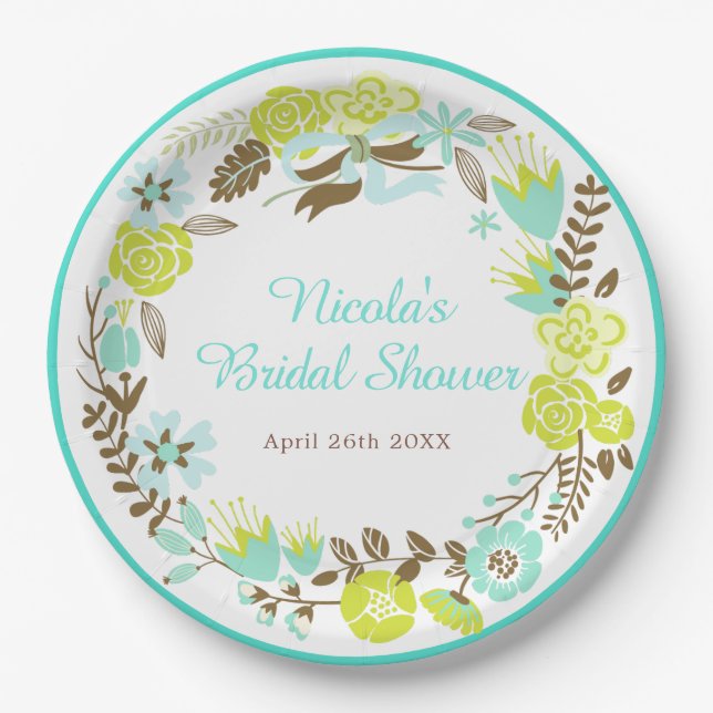 Green & Brown Floral Wreath Bridal Shower Paper Plate (Front)