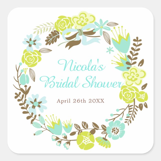 Green & Brown Floral Wreath Bridal Shower Square Sticker (Front)