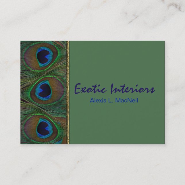Green, Brown, Gold Peacock Feathers Business Card (Front)