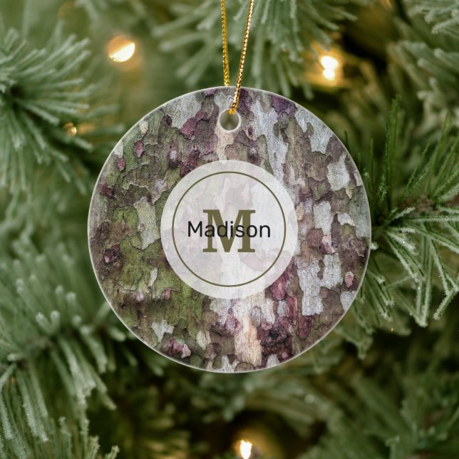 Green brown grey camouflage wood bark Monogram Ceramic Ornament (Tree)