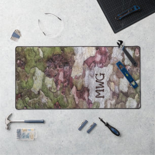 Green brown grey camouflage wood bark Monogram Desk Mat