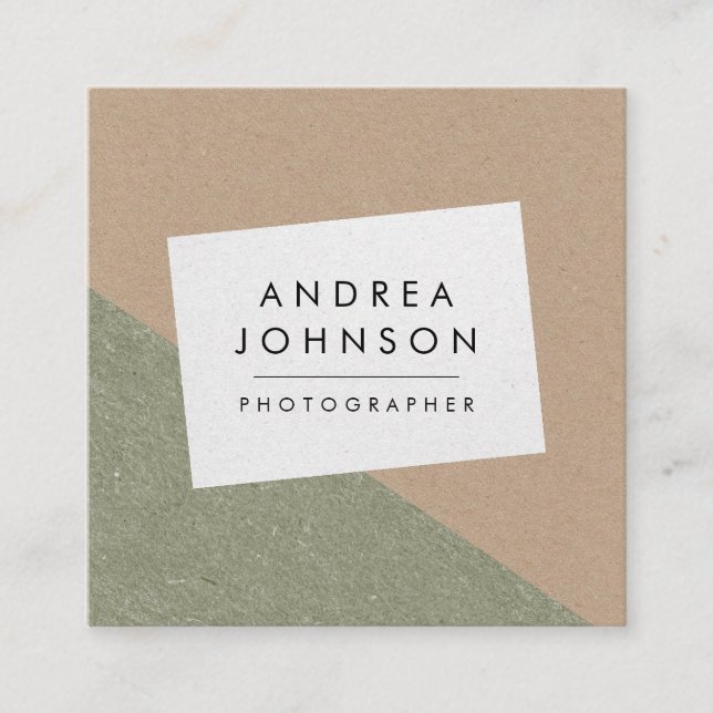 Green Brown Grey Rustic Kraft Geometric Modern Square Business Card (Front)