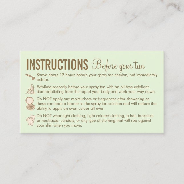 Green Brown Instructions Before After Spray Tan Business Card (Front)