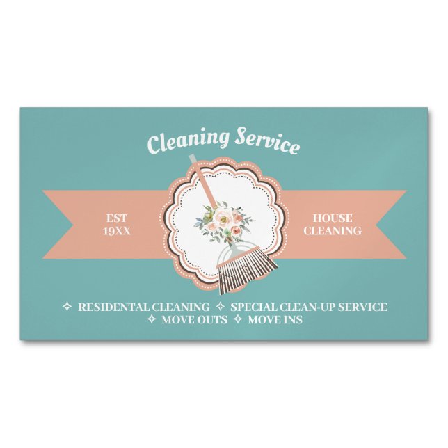 Green Brown Janitorial Housekeeping Cleaning Magnetic Business Card (Front)