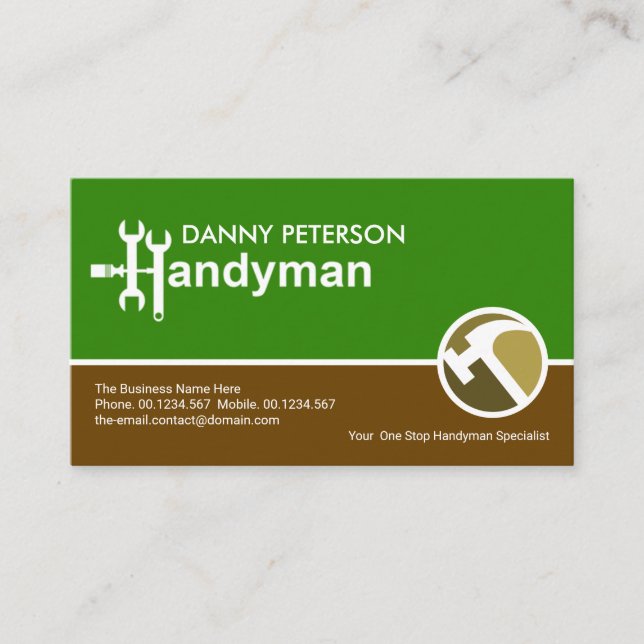 Green Brown Layers Handyman Motif Hammer Logo Business Card (Front)