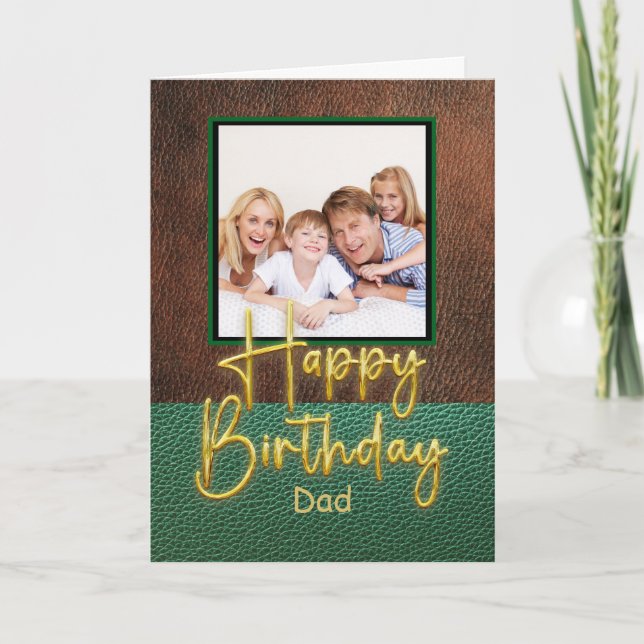 Green & Brown leather Gold Script Dad Birthday Card (Front)