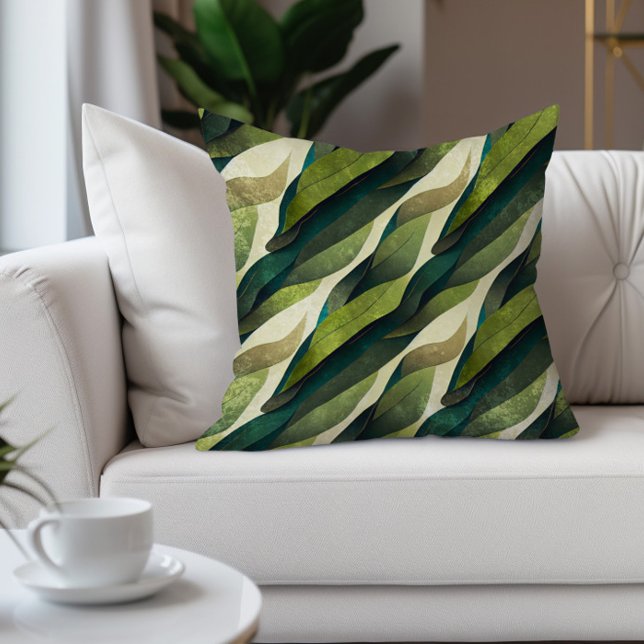 Green Brown Leaves Abstract Earth Tones Cushion (Abstract green leaves decorator pillow)