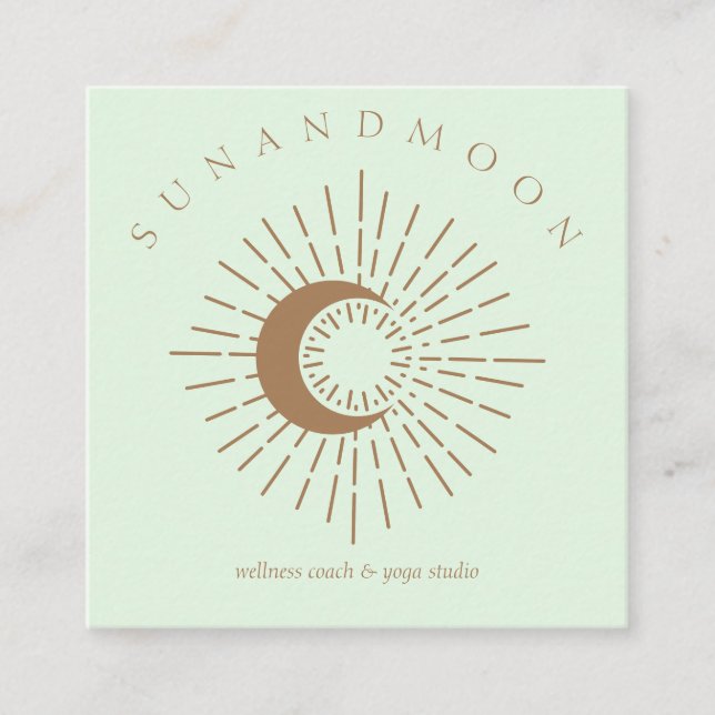 Green Brown Minimal Modern Celestial Sun Moon Square Business Card (Front)