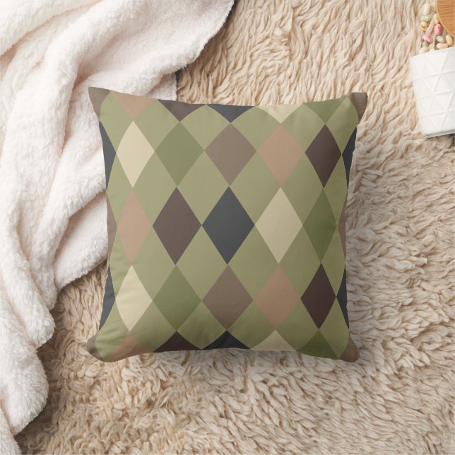 Green Brown Modern Camo Diamond Pattern Cushion (Blanket)